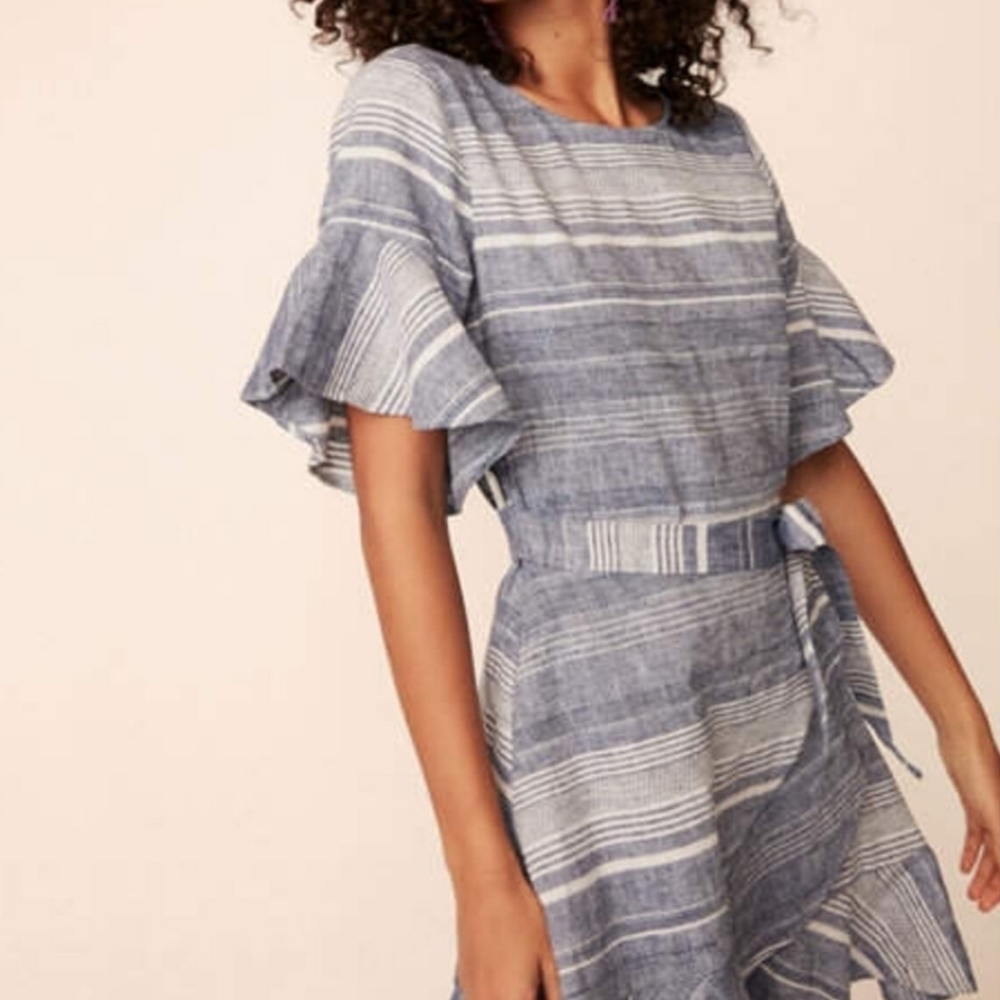 Express Chambray Striped Linen Wrap Ruffle Dress M